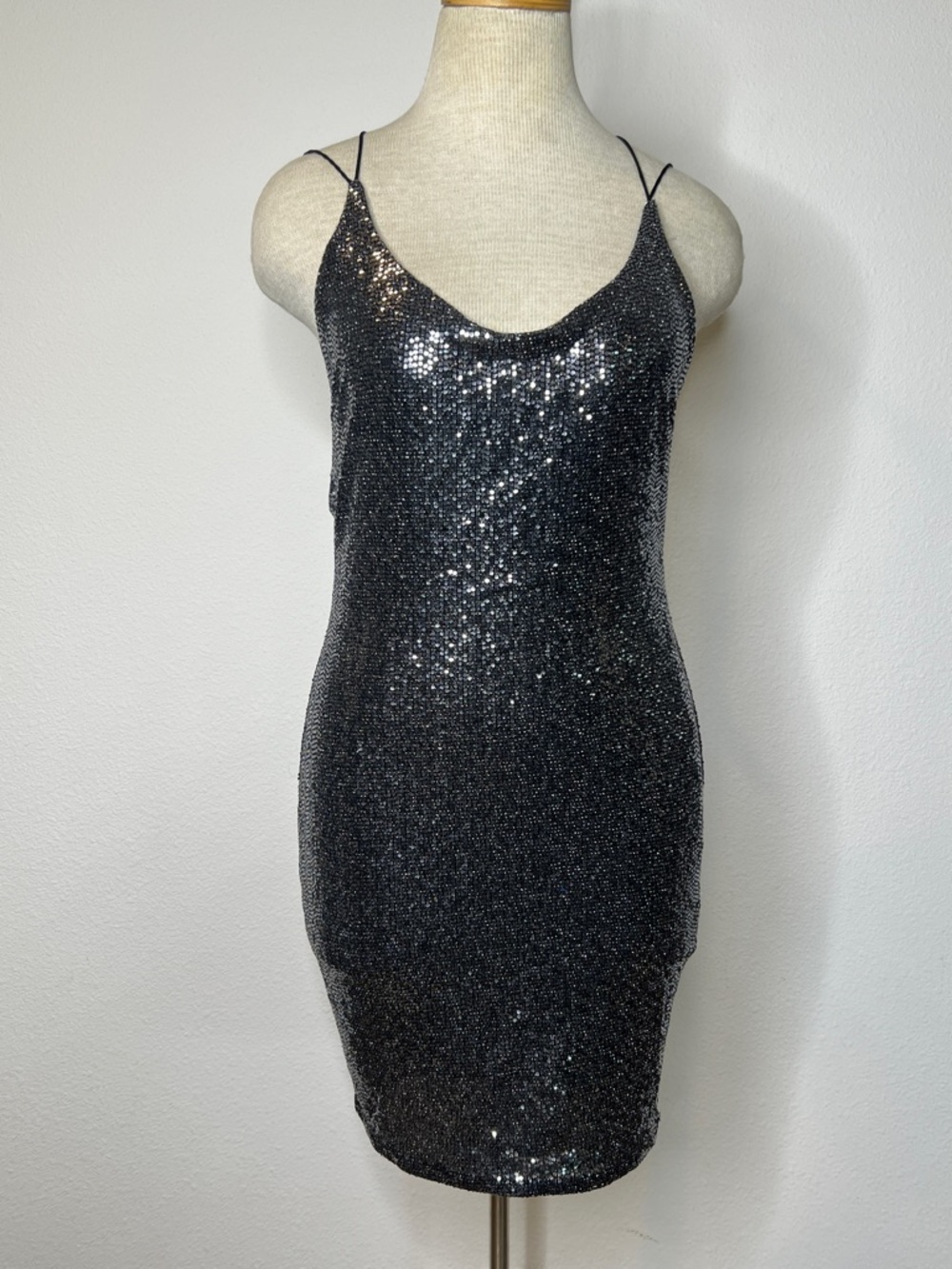 Black Bead Black Silver Sequin Slip Dress